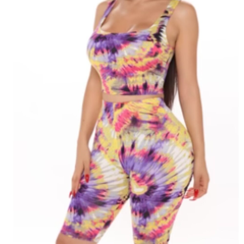 Fashion Nova- Maddie Tie Dye Biker Short Set - Purple/combo Size: L